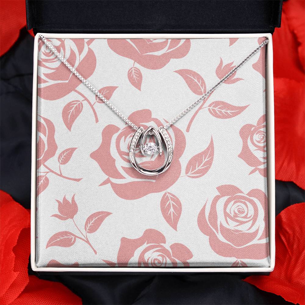 Pink Rose Card Half Moon Necklace