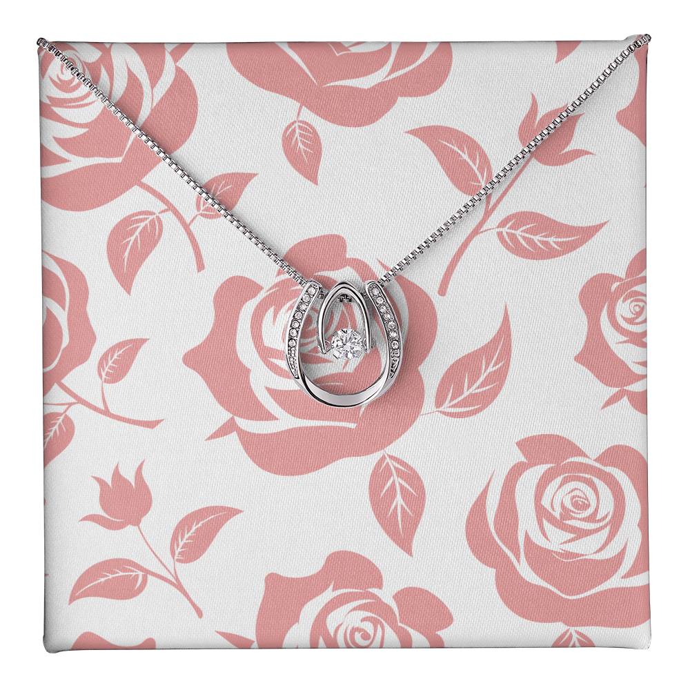 Pink Rose Card Half Moon Necklace
