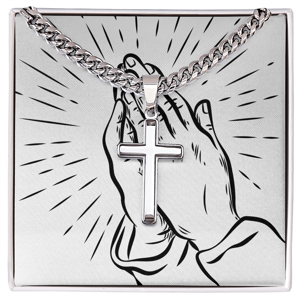 Prayer Hands Cuban Link Chain and Engraved Cross